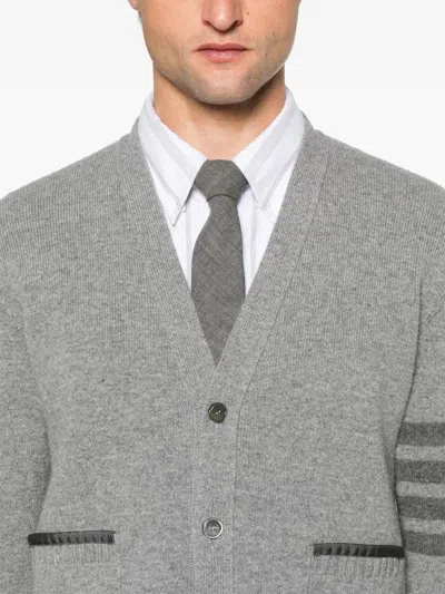 Thom Browne Grey Cardigan With V Neck And Striped Detail On The Sleeve In Wool Man
