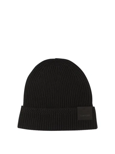 Tom Ford Mens Black Logo-patch Ribbed Cashmere-knit Beanie Hat In Black