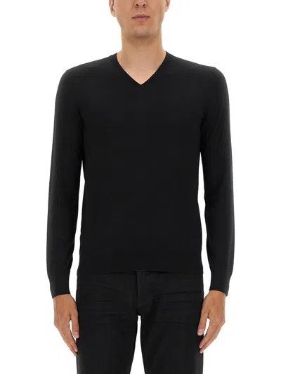 Tom Ford V-neck Black Wool Jersey With Long Sleeves
