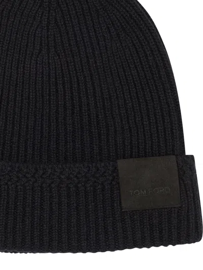 Tom Ford Mens Black Logo-patch Ribbed Cashmere-knit Beanie Hat