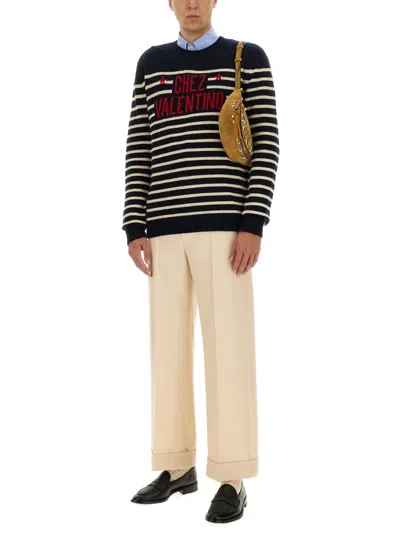 Valentino Striped Crewneck Sweater With Ribbed Finish In Black
