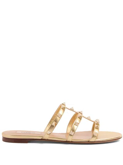 Valentino Studded Leather Flat Sandals In Gold