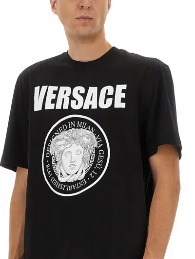 Versace Black Crewneck T-shirt With Maxi Logo Print On The Front