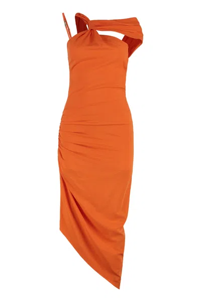 Versace Jeans Couture Draped Dress With Asymmetrical Neckline And Ruched Detailing
