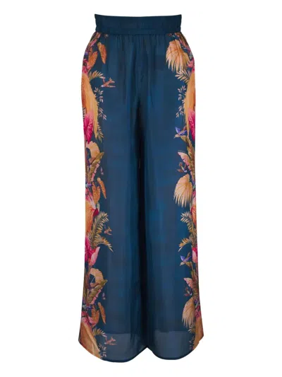 Zimmermann Womens Dark Blue Palm Floral Ascension Relaxed-fit Silk Trousers In Blue