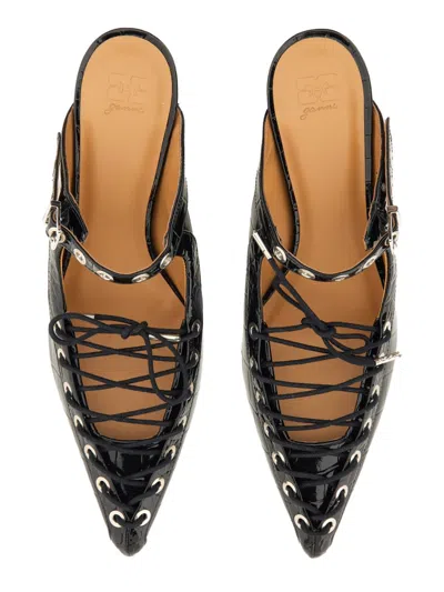 Ganni Laced Block Heel Mules With Eyelet Detailing