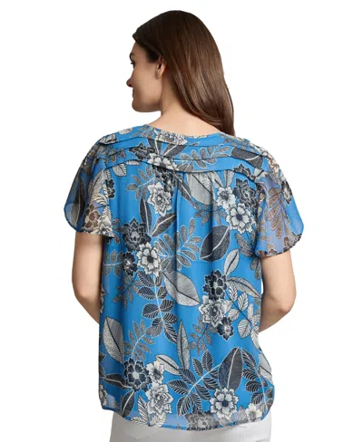 Jones New York Petite Short Sleeve Popover Shirred Neck Top In Blue