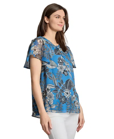 Jones New York Petite Short Sleeve Popover Shirred Neck Top In Blue