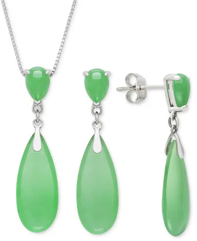 Macy's 2-pc. Set Dyed Green Jade Elongated Pear Pendant Necklace & Matching Drop Earrings In Sterling Silve