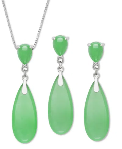 Macy's 2-pc. Set Dyed Green Jade Elongated Pear Pendant Necklace & Matching Drop Earrings In Sterling Silve