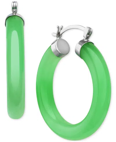 Macy's Dyed Green Jade Polished Cap Small Hoop Earrings In Sterling Silver, 1"