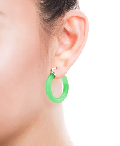 Macy's Dyed Green Jade Polished Cap Small Hoop Earrings In Sterling Silver, 1"