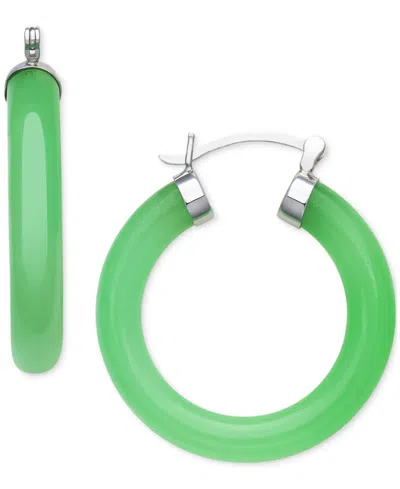 Macy's Dyed Green Jade Polished Cap Small Hoop Earrings In Sterling Silver, 1"