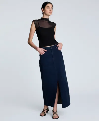 Kenneth Cole Denim Fly Front 4-pocket Maxi Skirt With Fray Hem