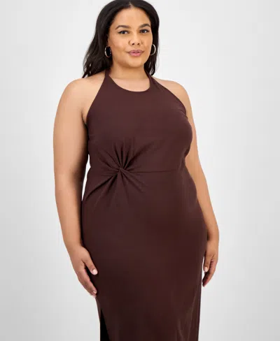 Bar Iii Trendy Plus Size Halter-neck Linen-blend Midi Dress, Exclusively At Macy's