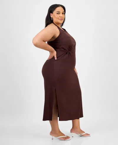 Bar Iii Trendy Plus Size Halter-neck Linen-blend Midi Dress, Exclusively At Macy's