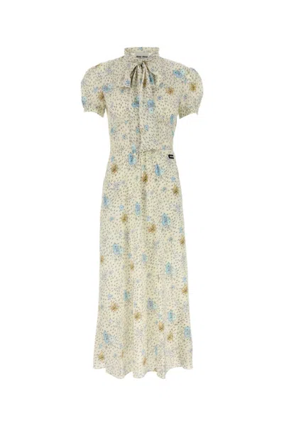 Miu Miu Silk Dress With Floral Print And Tie Waist In Multi