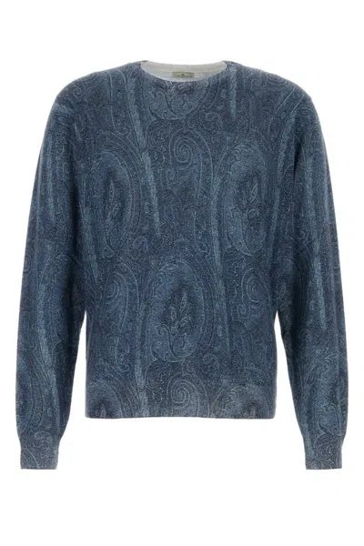 Etro Silk Blend Crew Neck Sweater With Paisley Embroidery In Blue