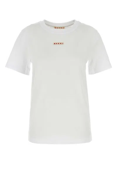 Marni White Crewneck T-shirt With Logo Patch On The Front In Cotton Woman