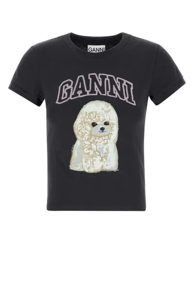 Ganni Women Black T-shirt With Round Neck And Maxi Logo On The Front In Cotton Woman In Black