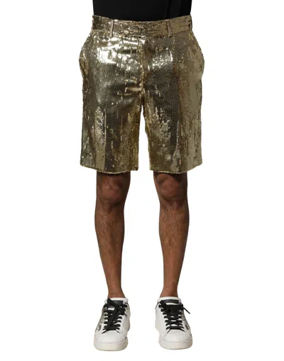 Dolce & Gabbana Gold Sequin Polyester Embellished Bermuda Shorts In Gold
