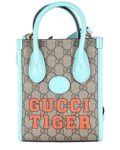 Gucci Blue, Brown Coated Canvas Tiger Mini Tote (authentic Pre-loved)
