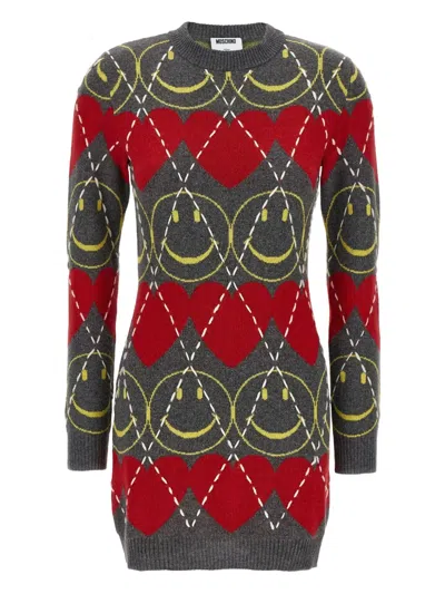 Moschino Wool Blend Mini Dress With Diamond-stitched Pattern In Multi