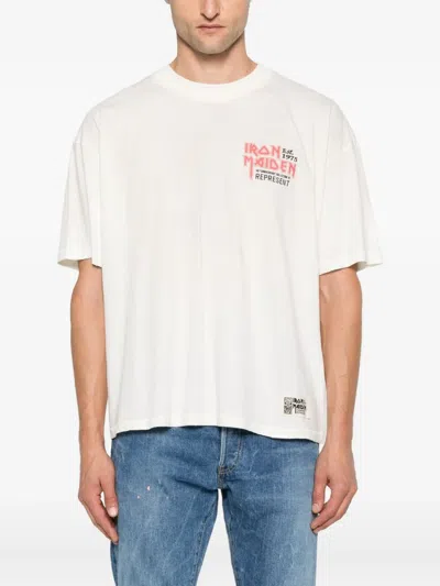 Represent White Crewneck T-shirt With Logo On Front And Rear In Cotton Blend Man In White
