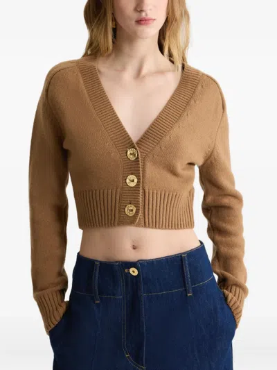 Patou Button-embellished Elbow-patch Cardigan In Brown