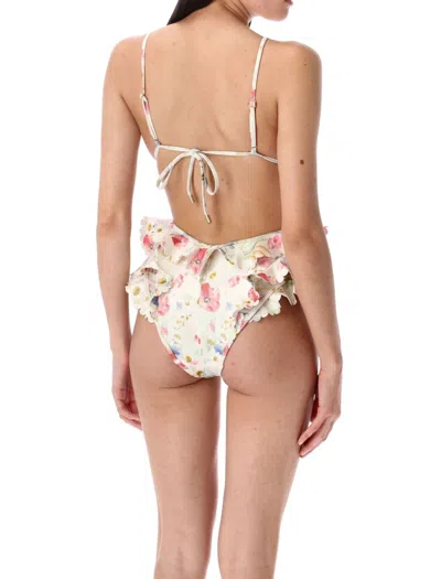 Zimmermann Multicolour Floral Swimsuit With Ruffled Edges And Adjustable Ties