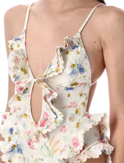 Zimmermann Multicolour Floral Swimsuit With Ruffled Edges And Adjustable Ties