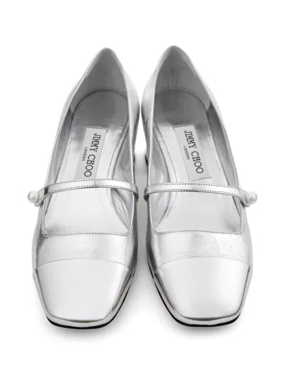 Jimmy Choo Rounded Toe Silver Leather Heeled Pumps With Front Strap