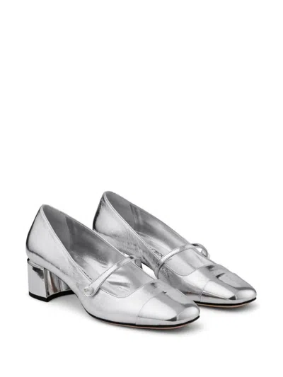 Jimmy Choo Rounded Toe Silver Leather Heeled Pumps With Front Strap