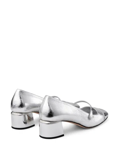 Jimmy Choo Rounded Toe Silver Leather Heeled Pumps With Front Strap