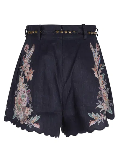 Zimmermann Rhiannon Blue Shorts With Removable Belt And Floral Embroidery On The Side In Linen Woman