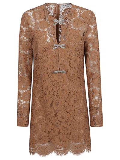 Self-portrait Womens Tan Lace Bow-embellished Woven Mini Dress In Brown