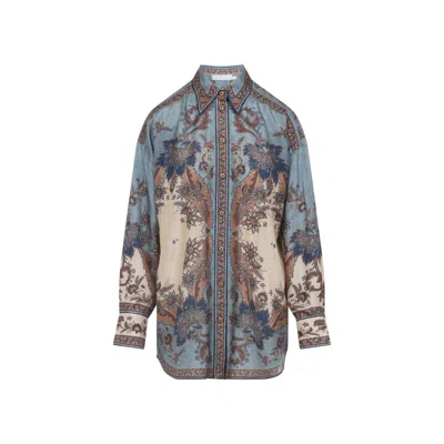 Zimmermann Womens Blue Cream Indienne Ascension Manstyle Graphic-pattern Silk Shirt