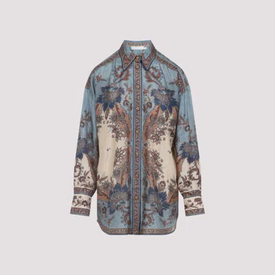 Zimmermann Womens Blue Cream Indienne Ascension Manstyle Graphic-pattern Silk Shirt