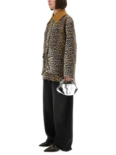 Ganni Long Sleeve Animal Print Jacket With Wide Collar In Brown