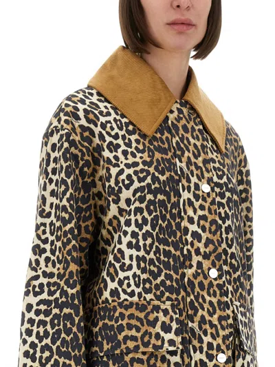 Ganni Long Sleeve Animal Print Jacket With Wide Collar In Brown