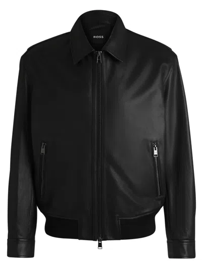 Hugo Boss Structured Black Leather Bomber Jacket With Ribbed Cuffs In Multi