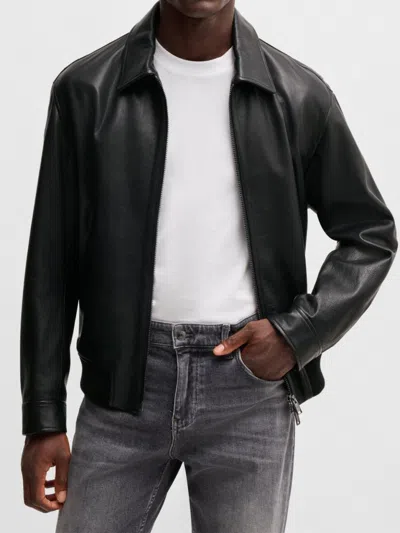 Hugo Boss Structured Black Leather Bomber Jacket With Ribbed Cuffs In Multi