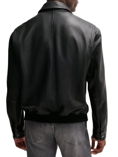 Hugo Boss Structured Black Leather Bomber Jacket With Ribbed Cuffs In Multi
