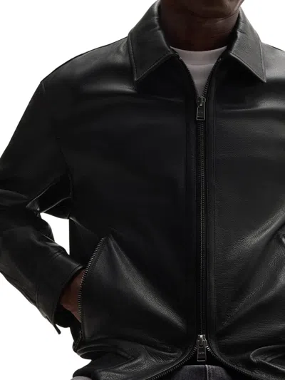 Hugo Boss Structured Black Leather Bomber Jacket With Ribbed Cuffs In Multi