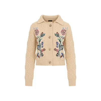 Etro Embroidered Cable-knit Wool And Cashmere-blend Cardigan In Neutral