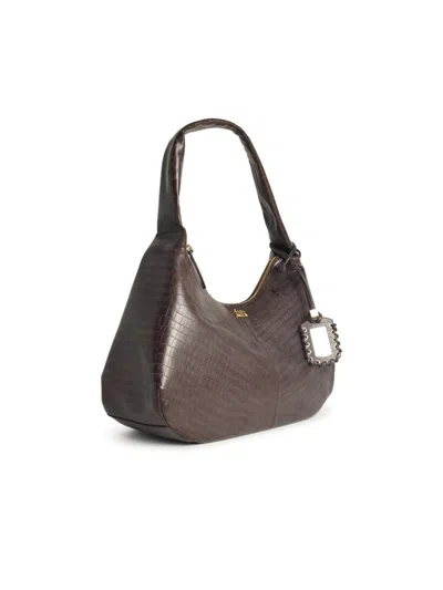 Ganni Crocodile-embossed Shoulder Bag In Brown