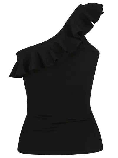 Zimmermann One-shoulder Ruffle Top With Ribbed Texture In Black