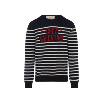 Valentino Striped Crewneck Sweater With Ribbed Finish In Black