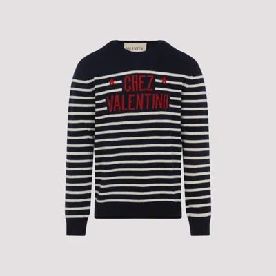 Valentino Striped Crewneck Sweater With Ribbed Finish In Black