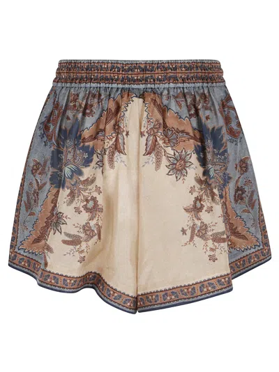 Zimmermann Ascension Multicolor Shorts With Elastic Drawstring And All-over Print In Silk Woman In Blue